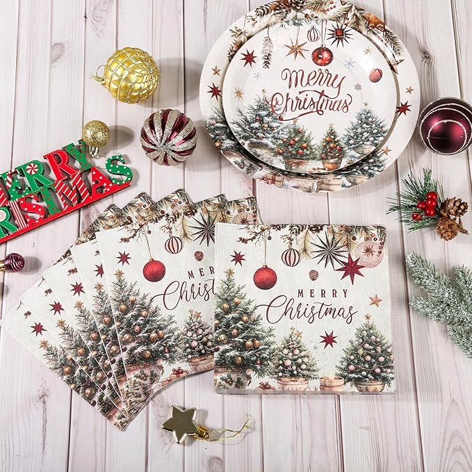 150Pcs Christmas Plates and Napkins Set, Farmhouse Disposable Holiday Dinnerware with Merry Tree & Ornaments, Christmas Paper Plates for Xmas Winter Party, Serves 50