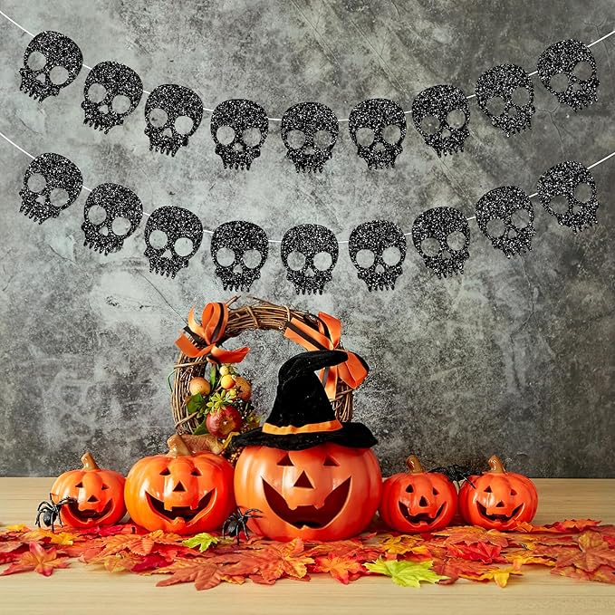 2PC Black Skull Garland for Halloween Party Decorations Glitter Skull Banner for Gothic Birthday Decorations Supplies