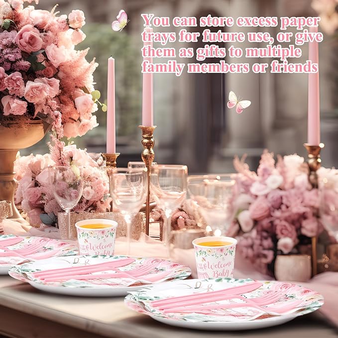 Pickmesh 400 Pcs Floral Baby Shower Party Decoration Include A Sweet Baby ls on Her Way Disposable Plates It's a Girl Napkins Cup Cutlery Pink Floral Sweet Girl Tableware Set Party Supplies Serve 50