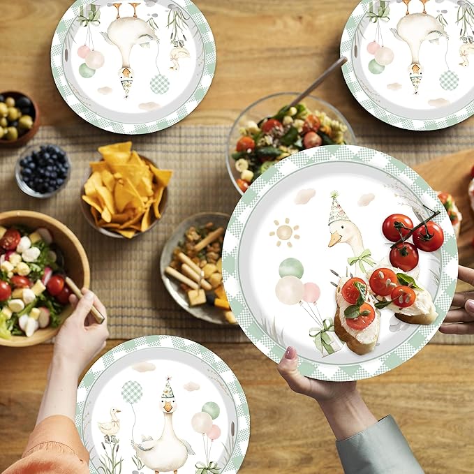 Pet Duck Birthday Decorations Supplies, 140PCS Disposable Paper Dinnerware Set Paper Plates Napkins Cups Set for 20 Guests Duck