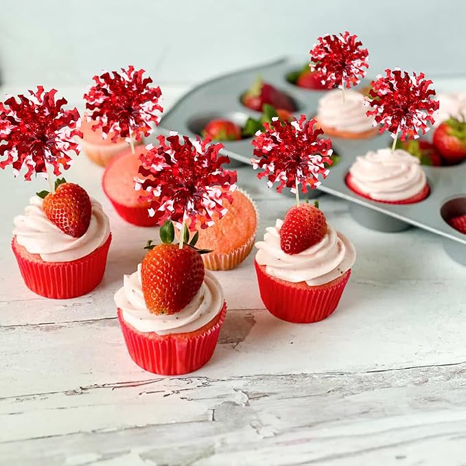 Ephlyn 30Pcs Foil Firework Cupcake Toppers Happy Birthday Cake Toppers Tinsel Flower Drink Stirrers Cocktail Food Fruit Toothpicks for Valentine's Day Party Decorations Red