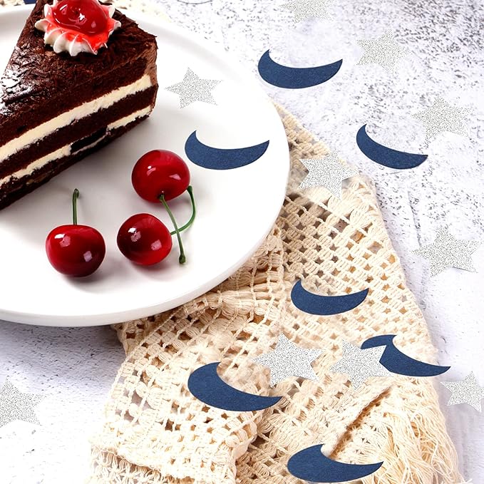 Navy-Blue Moon Silver Star Confetti - 300pcs Glitter twinkle little star Table Confetti,Ramadan Mubarak Decor Birthday Wedding Baby Shower Party Decorations Lasting Surprise