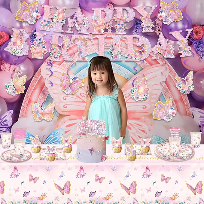 163PCS Butterfly Birthday Party Decorations, Girls Butterfly Party Supplies Disposable Plates and Napkins Set, Tableware,Banner, Hanging Swirls, Tablecloth, Cake Cupcake Topper