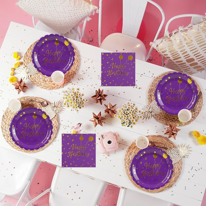 50PCS Purple and Gold Happy Birthday Paper Plates and Napkins Party Decorations- 7 Inch Scalloped Dessert Plates and 6.5 Inch Napkins Disposable Tableware Set Birthday Party Supplies , Serves 25