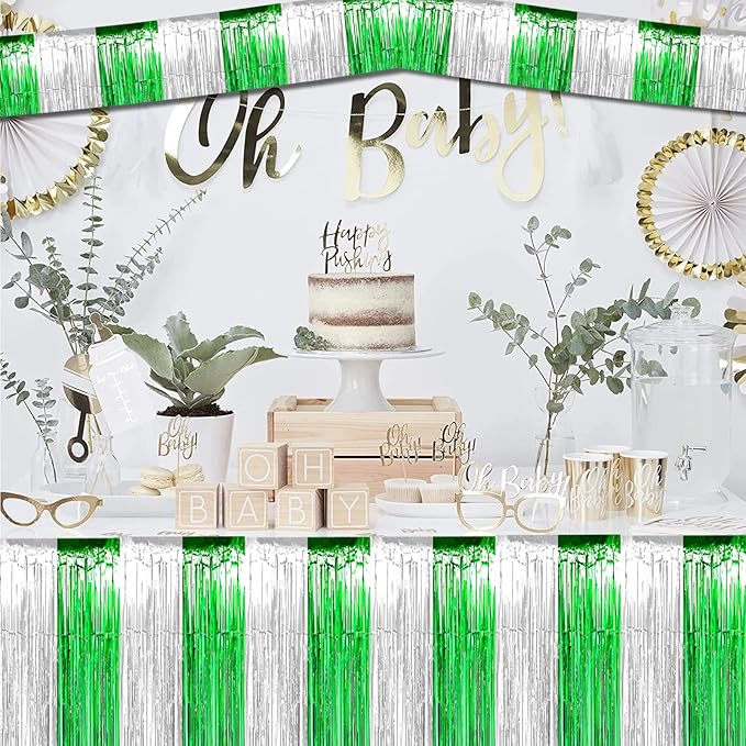 10 Pack 10 Feet Foil Fringe Garland Metallic Tinsel Streamers Banner Wall Hanging Backdrop for Parade Floats, Bachelorette, Wedding, Birthday, Mardi Gras St Patrick Day Party Decorations(Silver Green)