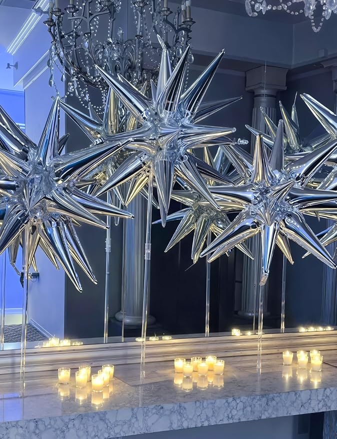 Silver Star Balloons,8Pcs Foil Balloons Explosion Star Balloon One-Piece 14-Pointed Spike Cone Mylar Balloon for New Year Christmas Birthday Wedding Bachelorette Disco Party Decorations