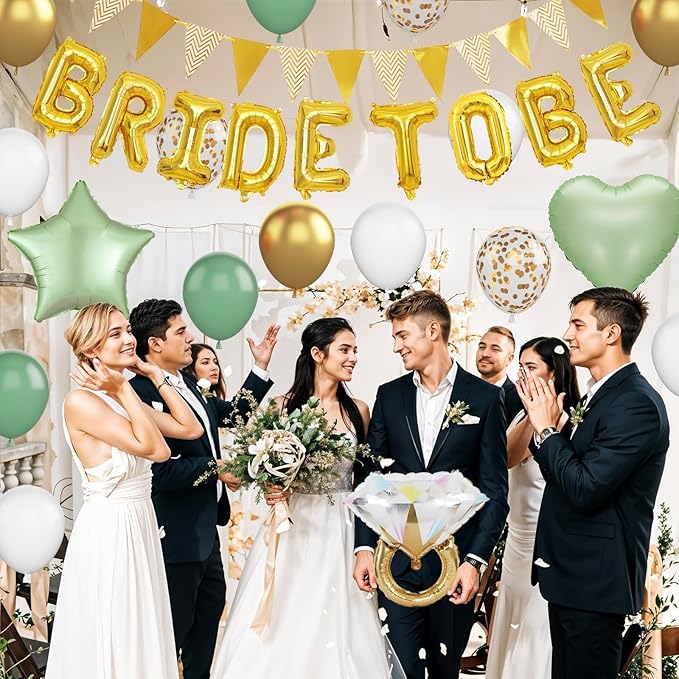 Bridal Shower Decorations Sage Green,Bachelorette Party Decor with Bride To Be Letter Balloons Banner, Diamond Ring Heart Foil Balloon,Green Gold Confetti Balloons for Engagement Wedding Party favors