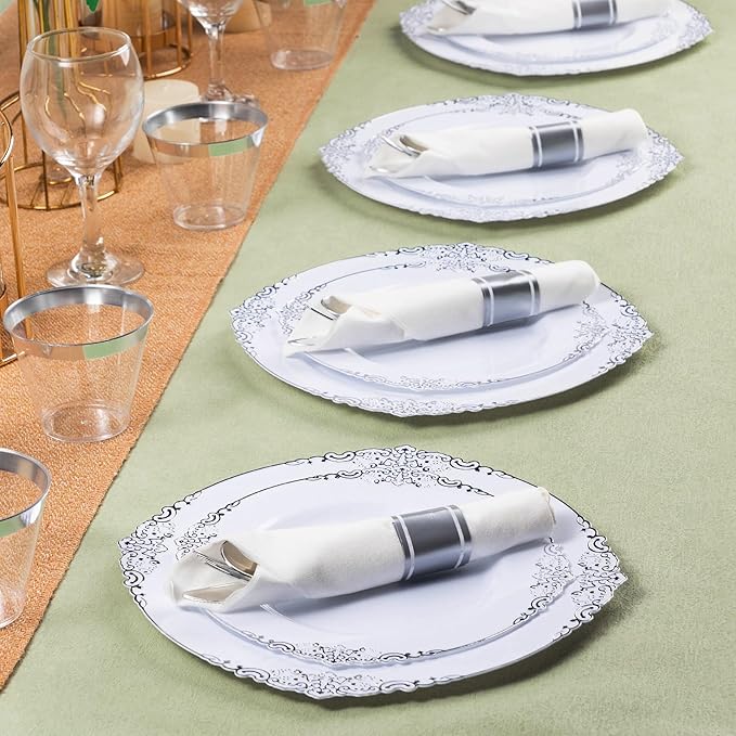 100 Pack Silver Plastic Silverware with Pre Rolled Napkins for 100 Guests, Silver Disposable Utensils Sets Includes 300 Plastic Cutlery, and 100 Napkins for Party & Wedding