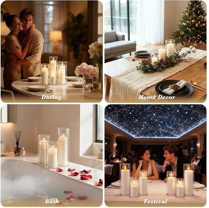24 Pcs Glass Hurricane Candle Holders Set - White Pillar Candles with Clear Glass Cylinder Vases (12 Candles + 12 Vases) for Wedding, Dating, Party, Table Centerpiece Decor