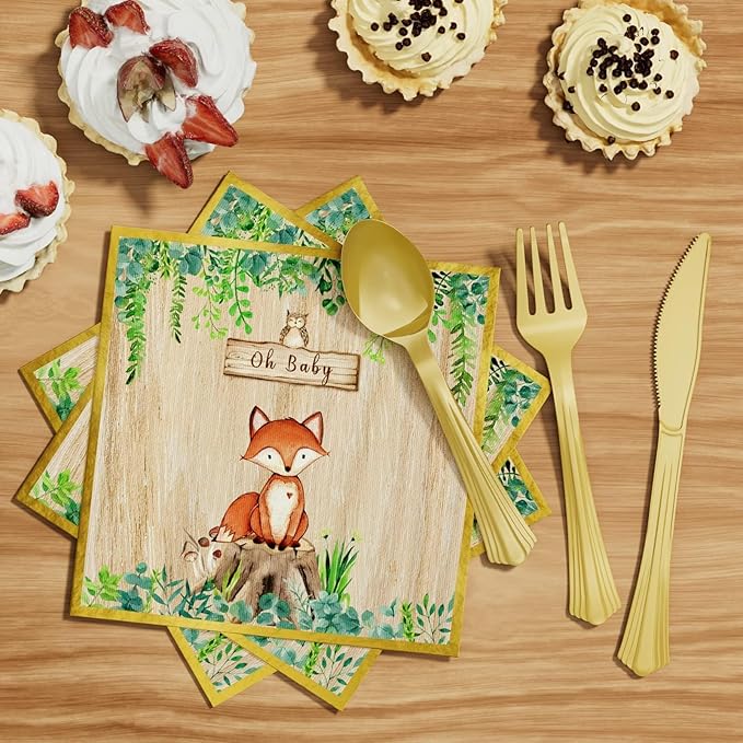 Ecomore Woodland Baby Shower Decorations Supplies - 175PCS Forest Animal Disposable Dinnerware Set (25 Guest) With Gold Paper Plates Cups Napkins Plastic Fork Knives Spoon for Baby Boy Birthday Party