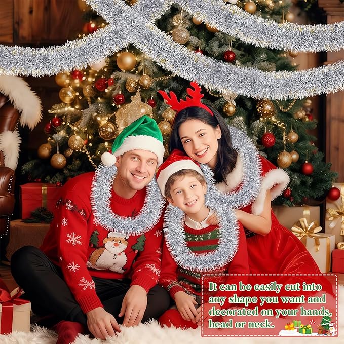 50Ft Christmas Tinsel Garland Silver Xmas Tree Decorations Metallic Glitter Twist Garland for Christmas Tree Decorations New Year Party Birthday Holiday Supplies Indoor Outdoor Supplies