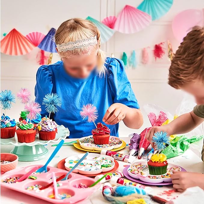 Ephlyn 30Pcs Foil Firework Cupcake Toppers Sparkle Tinsel Cupcake Picks Happy Birthday Cake Decorations Drink Stirrers Cocktail Food Toothpicks for Baby Shower Graduation Party Supplies Blue Pink