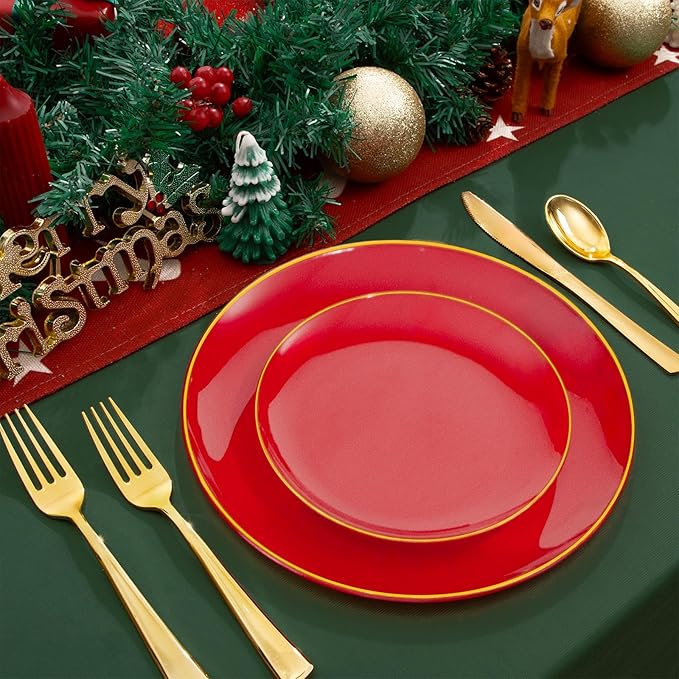 WDF 150Pcs Red Plastic Plates - Red Plates Disposable - 25Guest Christmas Dinnerware Include 25 Dinner Plate, 25 Dessert Plate, 75 Cutlery & 25 9oz Cups for Christmas & Parties