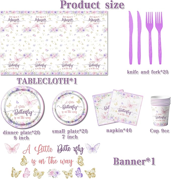 Butterfly Baby Shower Tableware Set Decoration,A Little Butterfly Is On Her Way Baby Shower Plates and Napkins Supplies Include Tablecloth Banner Cups for Purple Floral Butterfly Spring Theme for Girl