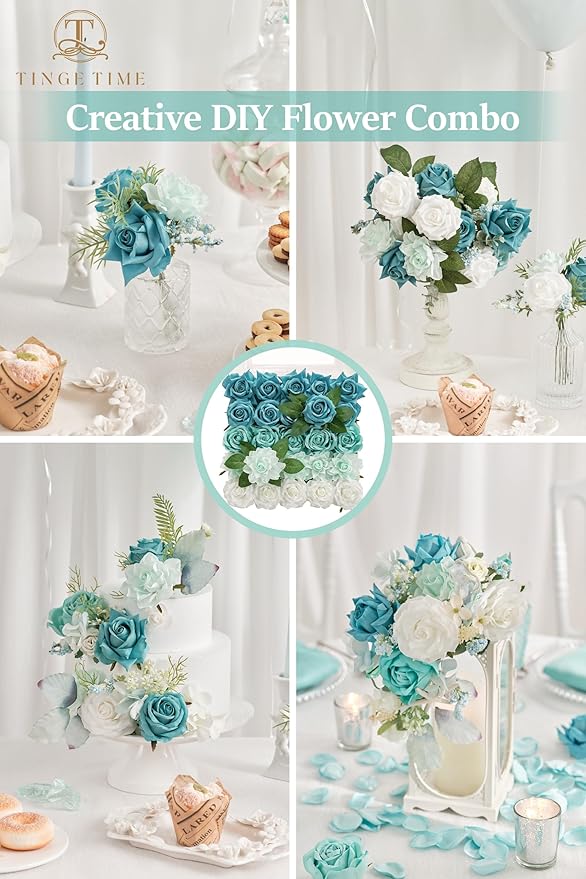TINGE TIME Artificial Flowers, 25pcs Real Looking Teal Green Rose Fake Roses w/Stem for DIY Wedding Bouquets Centerpieces Arrangements Party Baby Shower Home Decorations