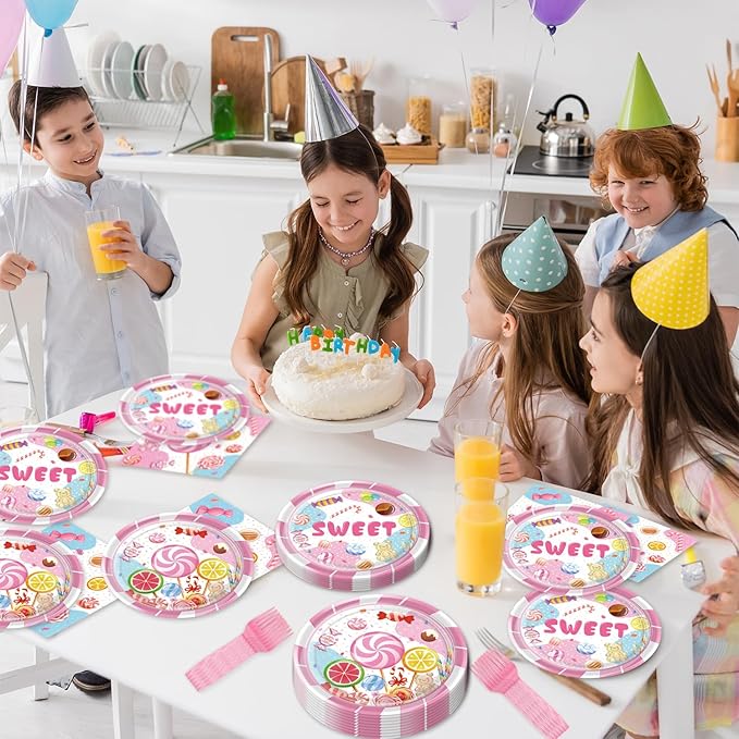 96Pcs Candyland Party Supplies Candy Lollipop Tableware Set Plates Napkins Forks Serves 24 Guests Sweet Dessert Candyland Baby Shower Birthday Party Decorations