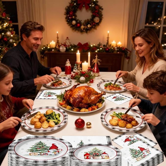 150Pcs Christmas Paper Plates and Napkins Heavy Duty Dinnerware Set Serve 50, Buffalo Plaid Christmas Tree Dinner Plates Disposable Party set, Dwarf Tableware for Holiday Xmas Home Party Supplies