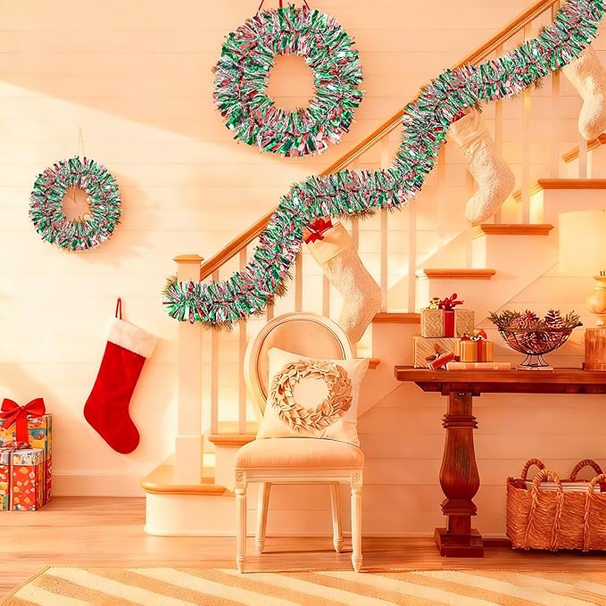 50Ft Christmas Tinsel Twist Garland, Metallic Twist Garland Tree Decorations for Christmas Tree New Year Party Birthday Holiday Supplies Indoor and Outdoor Decoration (Red Green Silver)
