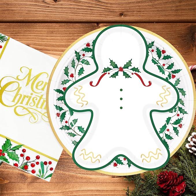 150Pcs Christmas Paper Plates Gingerbread Plates Napkins Disposable Christmas Seasonal Holly Napkins Xmas Holiday Party Supplies Serve 50 Guests