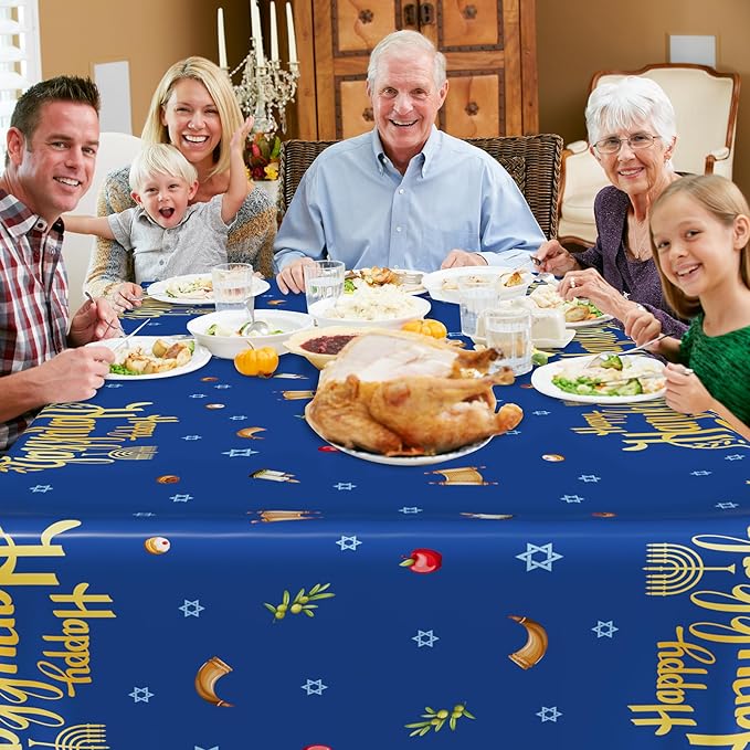 3 PCS Hanukkah Decorations, 108" x 54" Blue Gold Hanukkah Tablecloth, Disposable Happy Chanukkah Plastic Tablecloth, Lights Candles Design Rectangle Chanukkah Tablecovers for Jewish Festival Supplies
