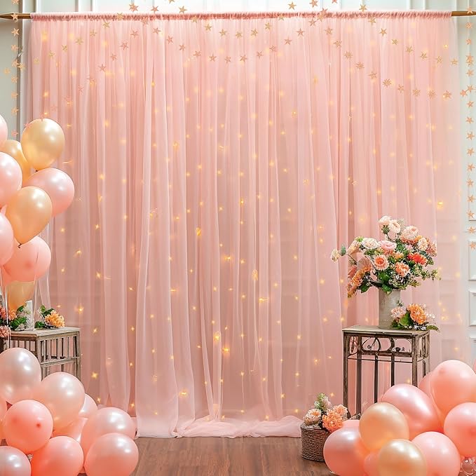10ft x 8ft Peach Backdrop Curtain with Lights String for Parties, Sheer Tulle Wedding Photo Backdrops Drapes for Baby Shower Birthday Party Decorations Background for Photography