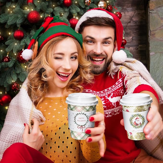 Yungyan 100 Pack 12 oz Christmas Disposable Coffee Cups with Lids and Sleeves Insulated Paper Coffee Cups with Dome Lids and Sleeves for Christmas Hot Chocolate Party Supplies(Greenery)