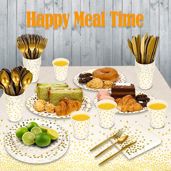 176 Pieces Gold Disposable Party Dinnerware Set &Golden Dot Disposable Party Dinnerware - Black Paper Plates Napkins Cups, Gold Plastic Forks Knives Spoons