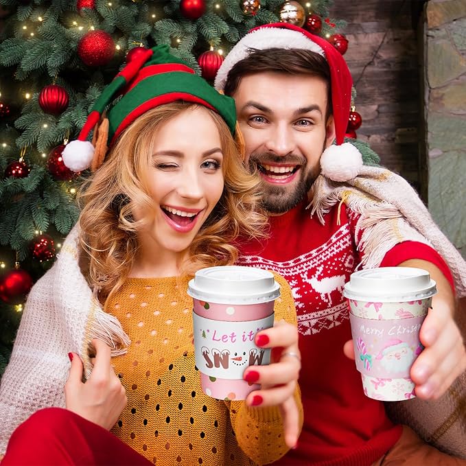 Yungyan 100 Pack 12 oz Christmas Disposable Coffee Cups with Lids and Sleeves Insulated Paper Coffee Cups with Dome Lids and Sleeves for Christmas Hot Chocolate Party Supplies(Cute Pink)