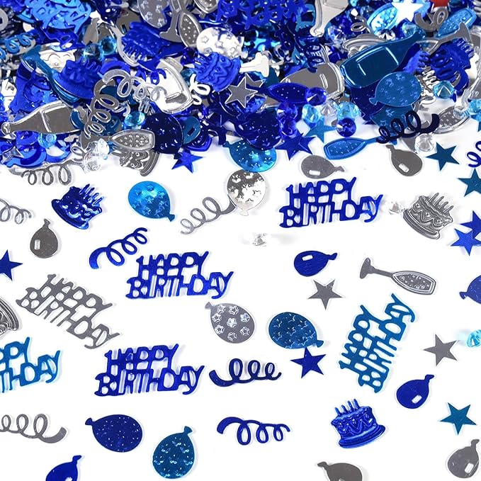 VHUWE Happy Birthday Confetti, 1.6 oz Dark Blue Light Blue Silver Cake Balloon Star Goblet Bottle Glitter Confetti for Boys Girls Kids Women Men Happy Birthday Party Table Decorations Supplies