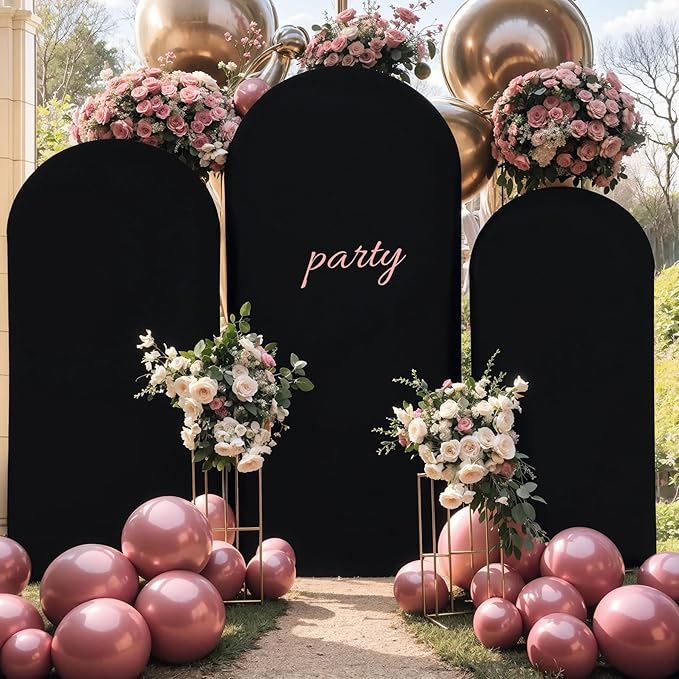 (7.2FT, 6.6FT, 6FT) Wedding Arch Cover Set of 3 Black Spandex Fitted Arch Cover for Round Top Chiara Backdrop Stand Covers for Birthday Party Banquet Photo Background Decoration