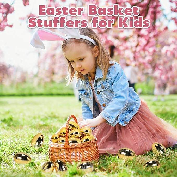 Skirfy 3.15" Easter Eggs, Fillable Goldeb Eggs Empty Eggshells with Hinge for Easter Hunt, Filling Treats, Party Favor, Basket Stuffers, Classroom Prize Supplies, 36PCS