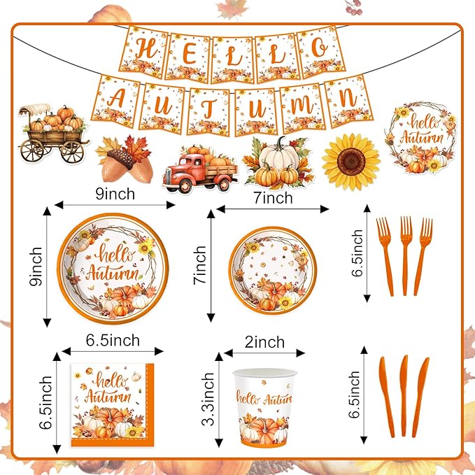 123PCS Autumn Party Supplies for Thanksgiving Themed Fall Pumpkin Decoration Tableware Set with Tablecloth and Banner Leaves Harvest Dessert Plates Napkins Cups Set for 20 Guests