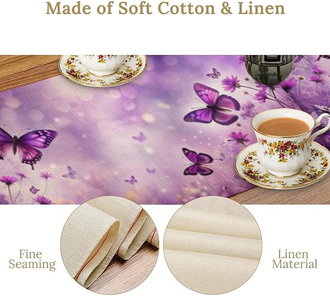 Flowers Butterfly Spring Table Runner, Purple Floral Seasonal Kitchen Dining Table Decoration for Home Party Decor 13x90 Inch
