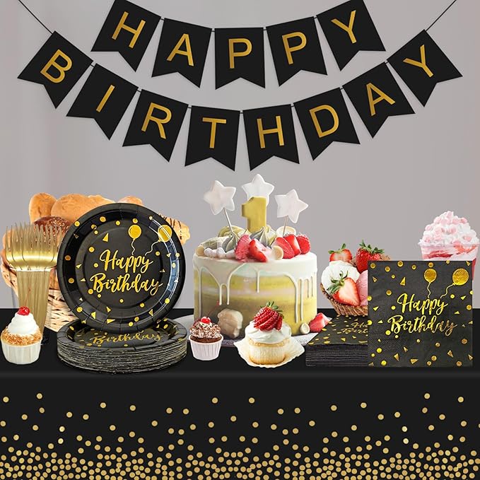 Serves 35 Guests Happy Birthday Paper Plates Party Supplies,7 Inch Black and Gold Happy Birthday Disposable Paper Plates Napkins Forks Tablecloths Banner for Party Decorations
