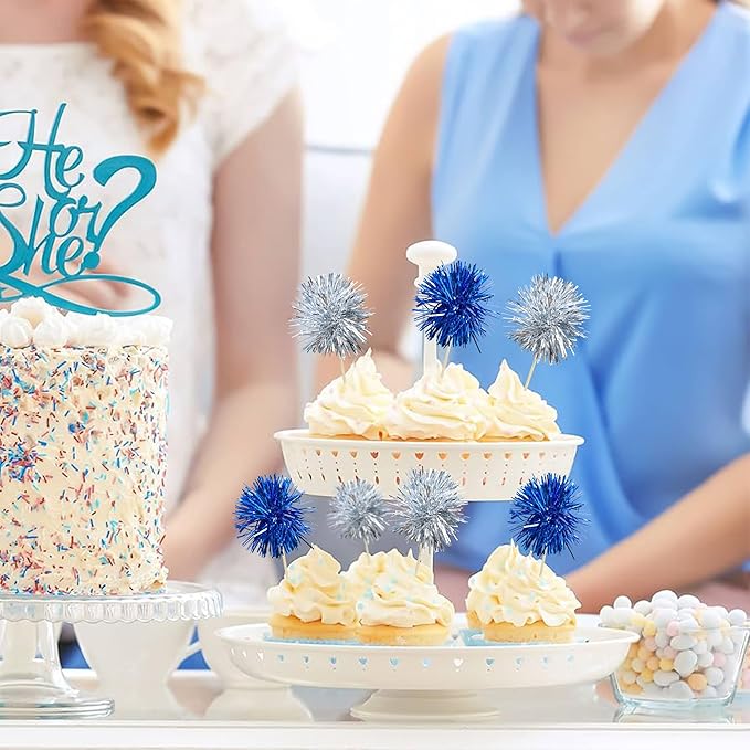 Ephlyn 30Pcs Foil Firework Cupcake Toppers Party Birthday Cake Toppers Supplies Sparkle Tinsel Cocktail Fruit Toothpick for Birthday Wedding Graduation Party Supplies Dark Blue Silver