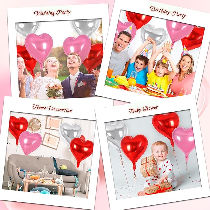 24 Pcs Red Pink Silver Heart Balloons,18 inch Heart Foil Balloons Love Balloons Valentine Balloons for Birthday Party Wedding Engagement Party Baby Shower Valentine Day Decorations (Red Pink Silver)