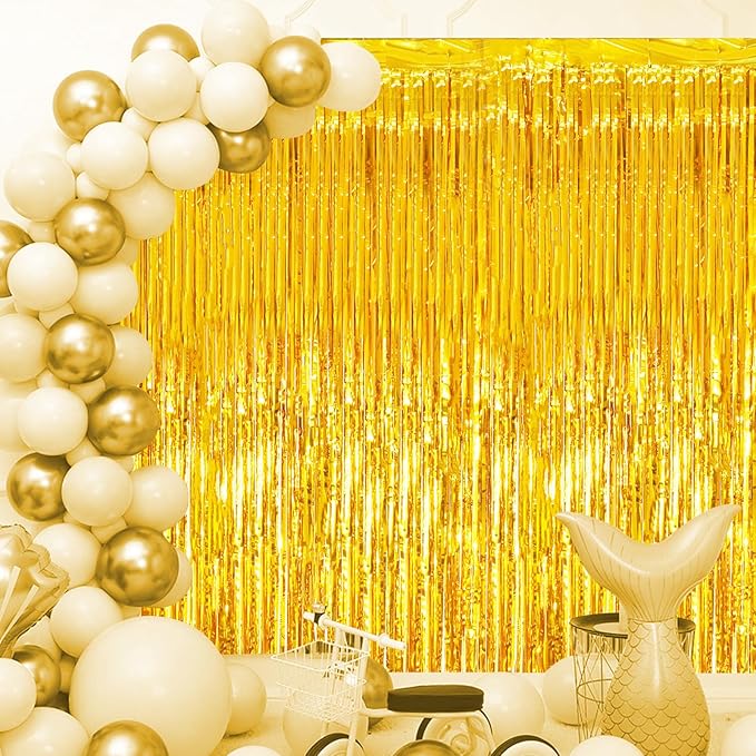 2 Pack Gold Tinsel Foil Fringe Curtains, Gold Party Decorations, Metallic Tinsel Party Streamers Backdrop for Birthday Baby Shower Graduation Wedding New Year Party Decorations