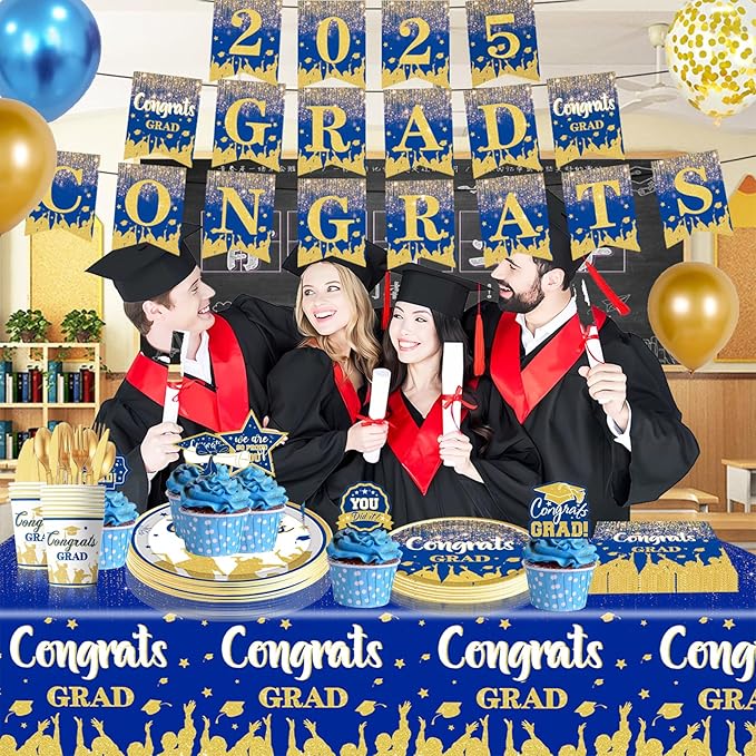 2025 Congrats Grad Party Decorations Blue and Gold Graduation Party Supplies with 2025 GRAD CONGRATS Banner Balloons Cake Toppers Tablecloth Plates Napkins Cups for Graduation Decorations
