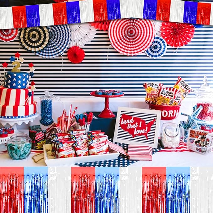 10 Pack 10 Feet Foil Fringe Garland Metallic Tinsel Streamers Banner Wall Hanging Backdrop for Parade Floats, Bachelorette, Wedding, Birthday, Independence Day Party Decorations(Red Blue White)