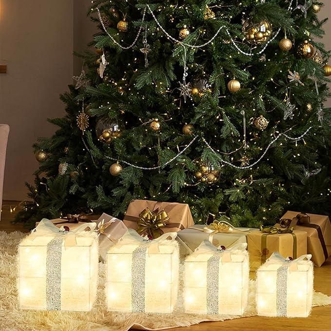 Christmas Lighted Gift Boxes Decorations Set of 4, 3.6Ft Stackable Christmas Nesting Boxes Battery Operated with Timer for Home and Party Decoration