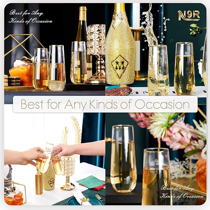 N9R 36PCS Plastic Champagne Flutes, 9 Oz Stemless Disposable Gold Rim Toasting Glasses, Crystal Clear Cocktail Cups Drinkware Shatterproof Ideal for Party Wedding Birthday