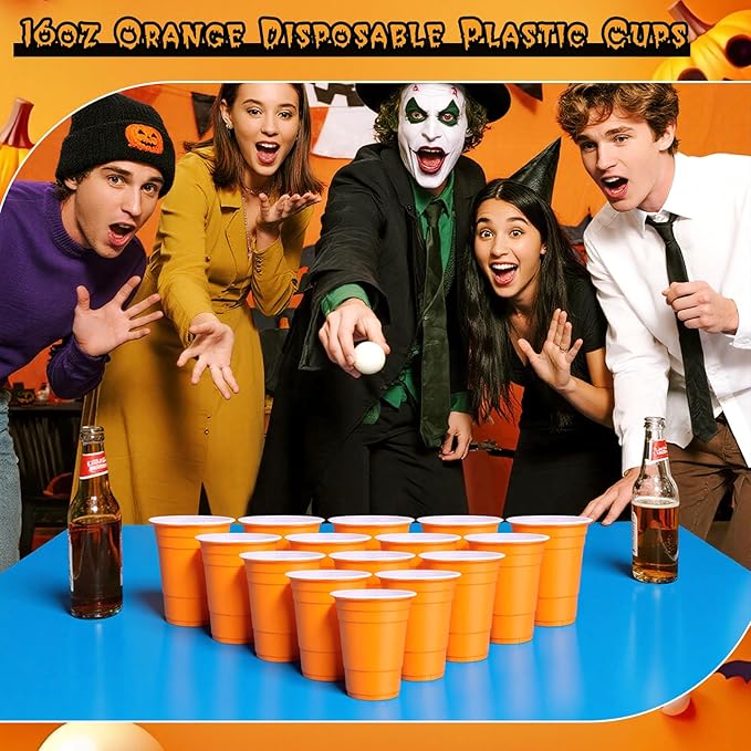 Dualshine 100 Pack Halloween Orange Plastic Cups 16 oz, Disposable Cups for Party, Heavy Duty Drinking Cups for Wedding Birthday Halloween Beer Taste Serving Snack Sample Tastings Barbecues Picnic