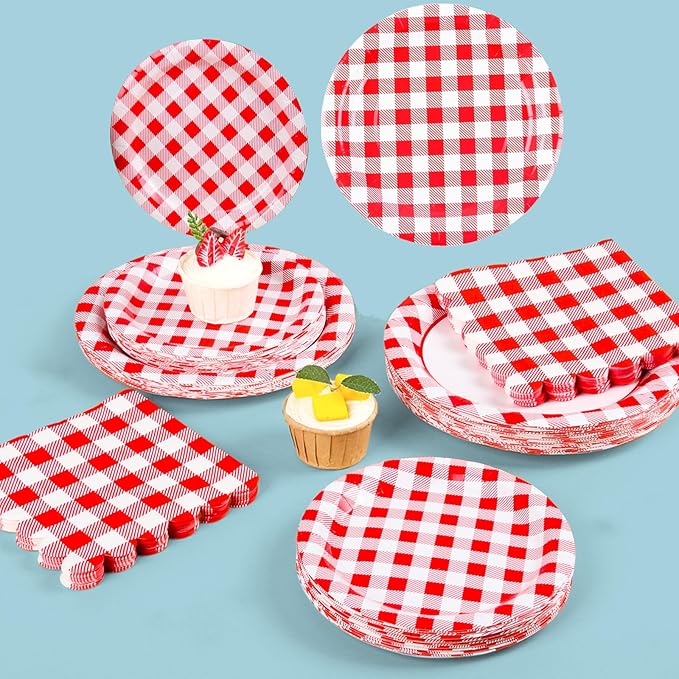 200Pcs Christmas Red Gingham Party Supplies Red Gingham Paper Plates and Napkins Cups Plaid Party Plates Disposable Reds and White Checkered Plates for Christmas Birthday Family Picnic,Serves 50