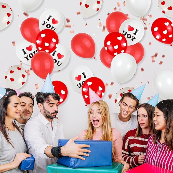 Valentines Day Balloons, 12 Inch Red White Ballons Heart Balloon I Love You Printed Romantic Valentines Day Balloon For Wedding Anniversary Party Decoration Supplies