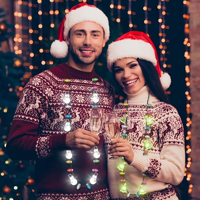 100pcs Christmas Necklaces Bulk, Light up 4 Kinds Christmas Necklace Accessories, Colorful 3 Modes Xmas Bulb Necklaces Party Favors, Xmas Ugly Sweater New Year Family Party Supplies Decorations