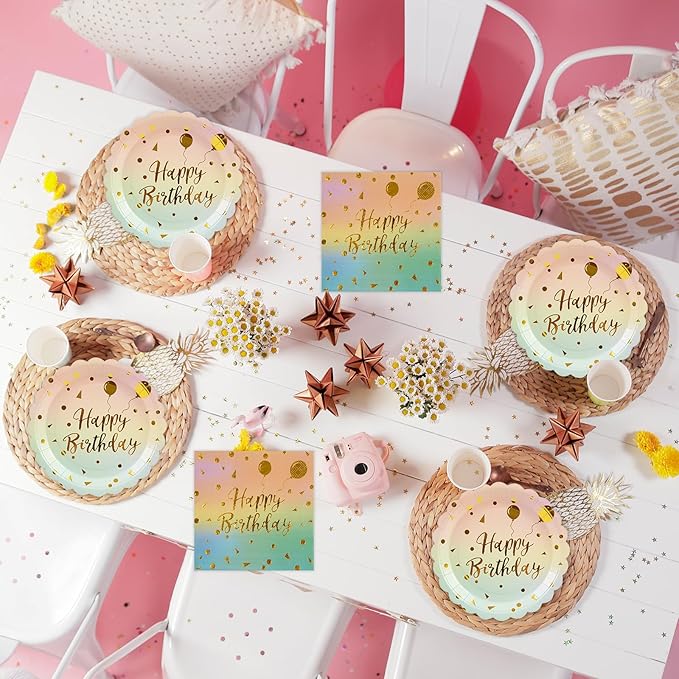 50PCS Happy Birthday Paper Plates and Napkins Set - 7 Inch Colorful and Gold Birthday Cake Plates Scalloped Dessert Plate Disposable Tableware for Birthday's Party Supplies Decorations