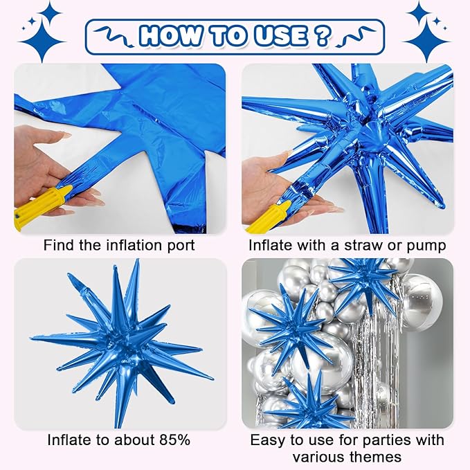 Blue Silver Star Balloons Kit with 6pcs 22in Cone Foil Balloons and 10pcs 10in Four Pointed Star Balloons for Birthday Anniversary Disco Party Decorations