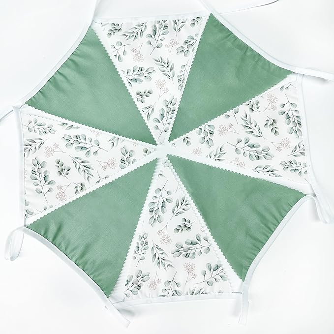 32Ft Sage Green Leaves Party Decorations Green Leaves Triangle Flag Fabric Banner Pennant Bunting Garland Streamers for Birthday Wedding Baby Bridal Shower Jungle Safari Summer Spring Garden Decor