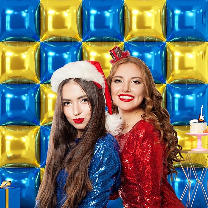 NISOCY 25PCS Blue Gold Square Foil Balloons Wall Backdrop Double Sided Deep Blue Gold Balloons Arch Kit for Birthday Graduation Baby Shower Wedding Anniversary Party Decorations