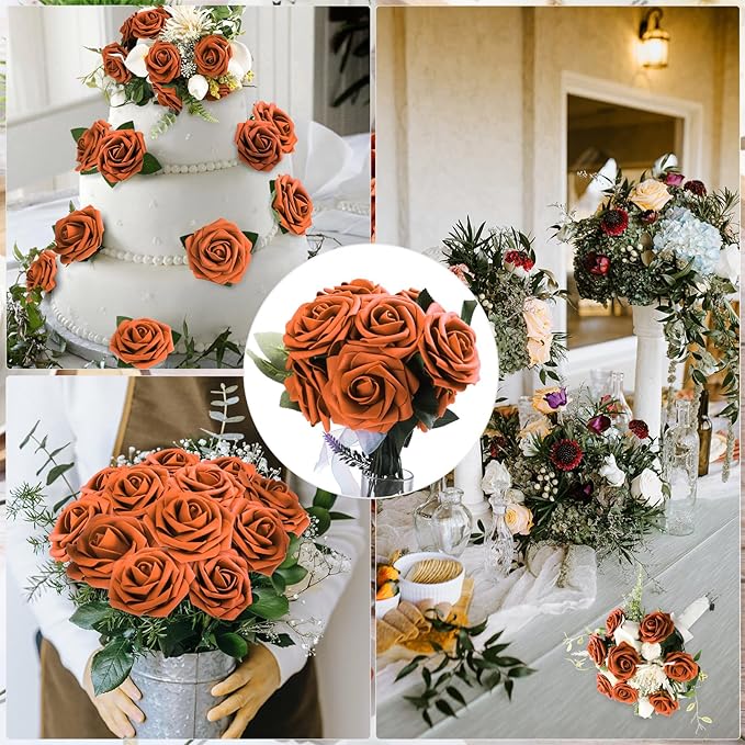 100 Pieces Artificial Foam Rose Flowers Faux Bouquet with Leaves and Stems for DIY Wedding Bouquets Centerpieces Bridal Shower Party Valentine Home Decorations(Orange)